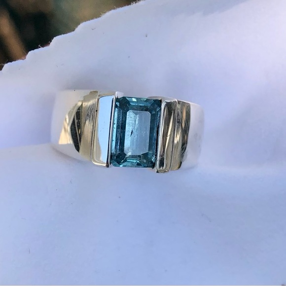 Aquamarine emerald cut ring: 1.55 carat in handcrafted heavy sterling silver